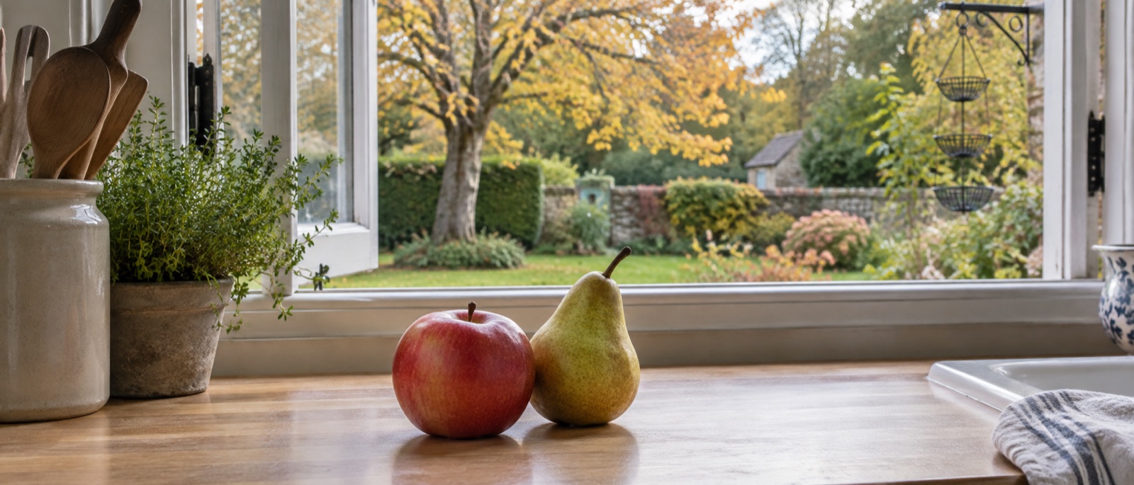 Sound apple and pear on a kitchen worktop overlooking an autumn garden