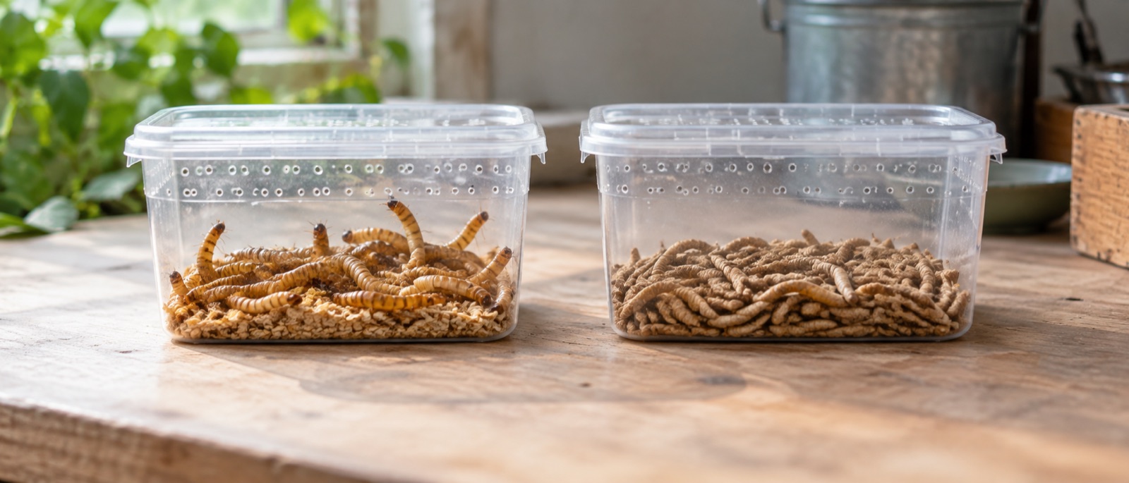 Illustrative live and dried mealworm larvae in separate ventilated containers