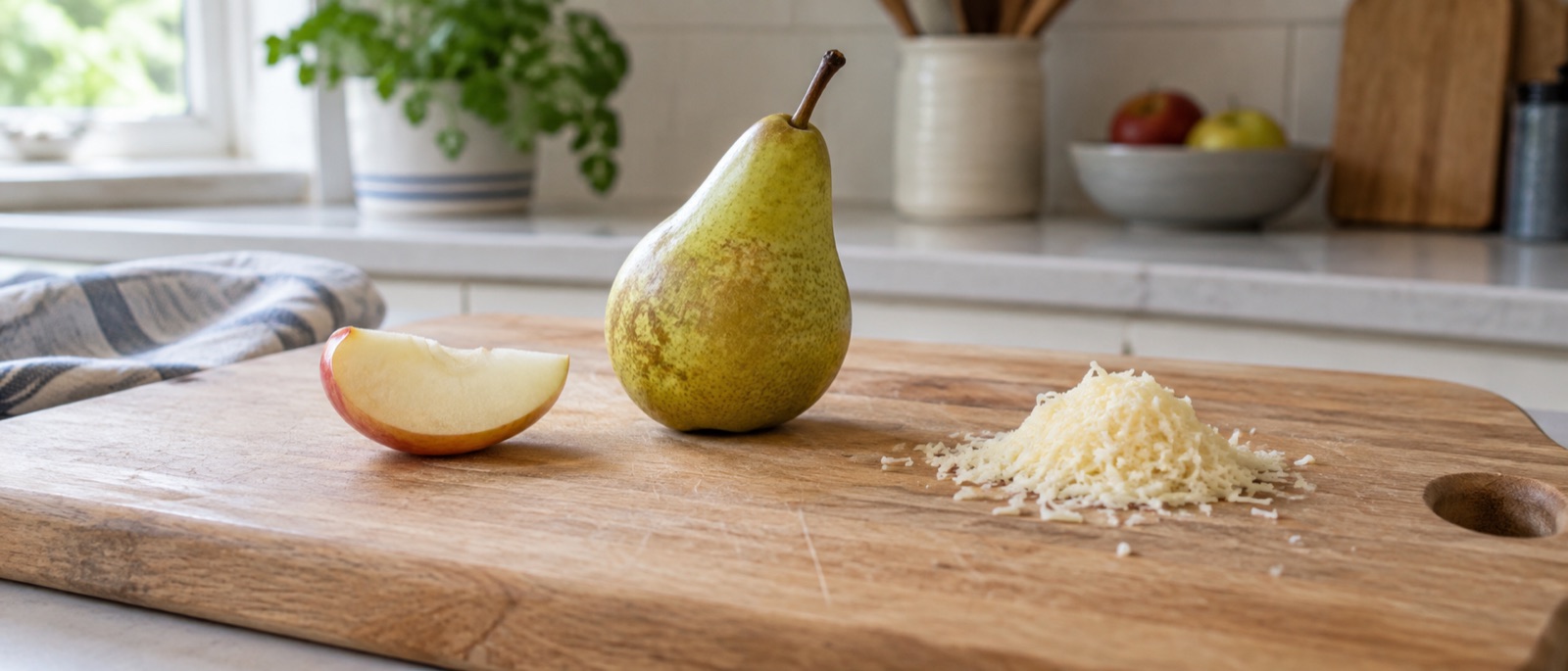 Plain apple, pear and a little finely grated cheese being prepared indoors