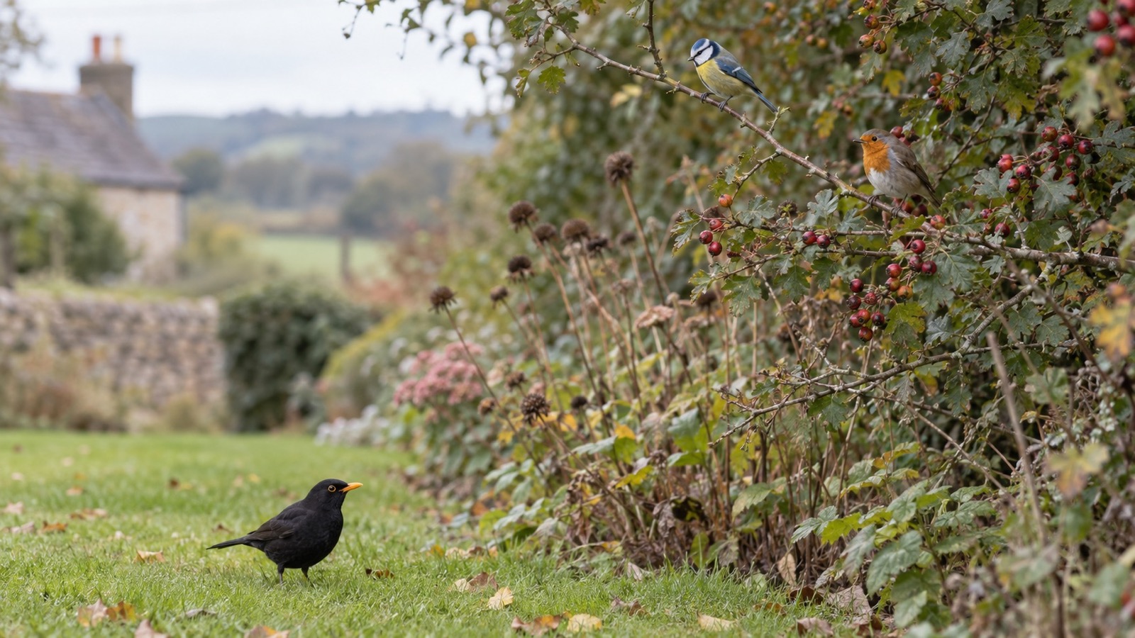 Illustrative British garden scene with a blackbird, robin and blue tit among autumn shrubs