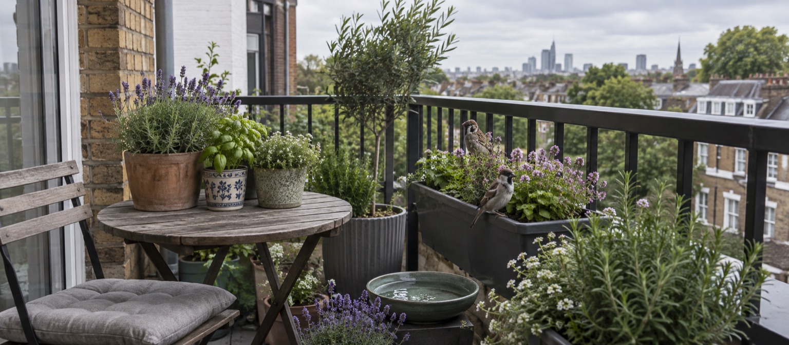 Illustrative UK balcony with planted containers and water safely inside the railing