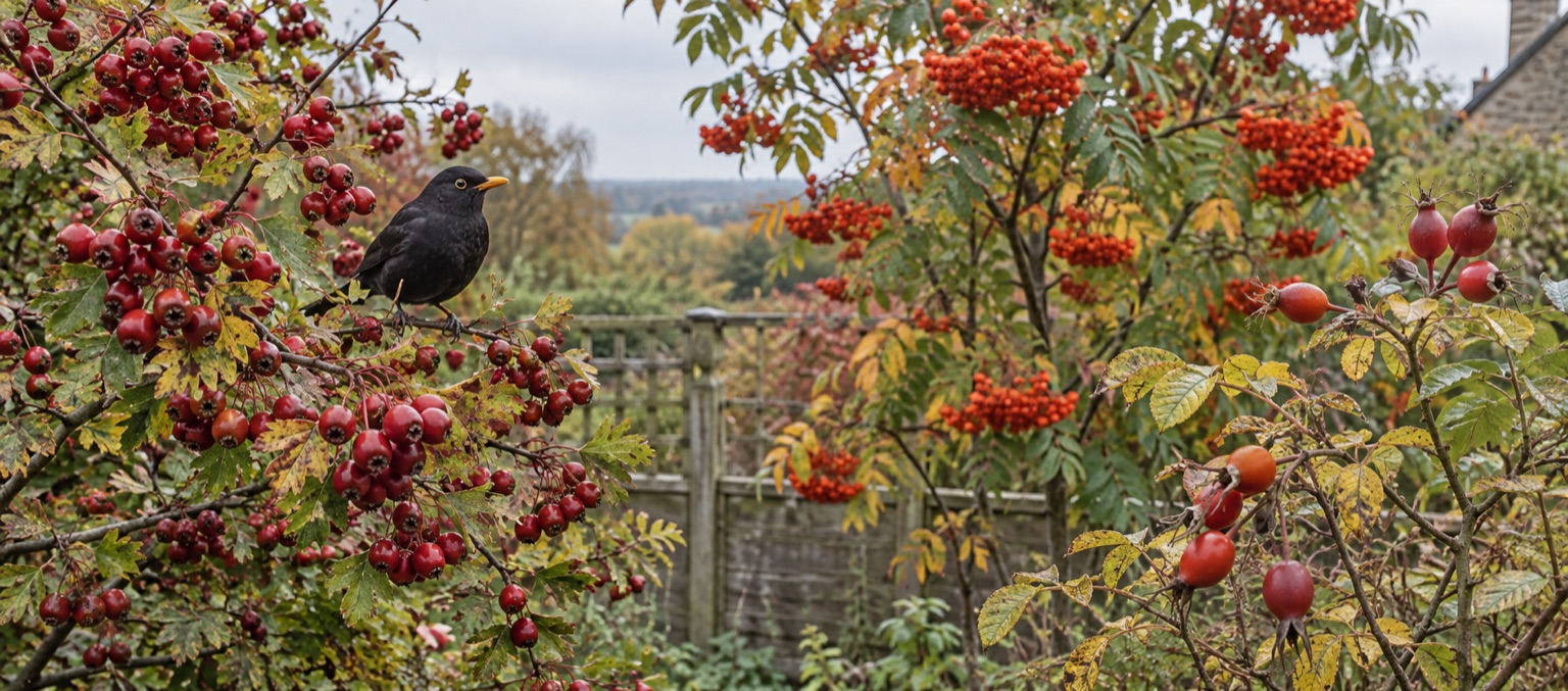 Illustrative autumn berries and a blackbird in a British garden