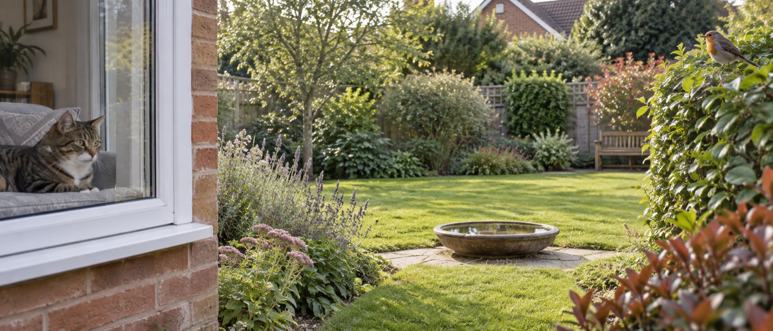 Illustrative cat indoors while a robin uses an outdoor hedge