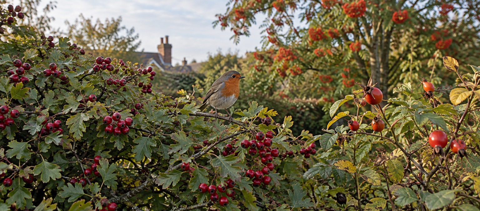 Illustrative mixed British garden hedge with berries and a robin