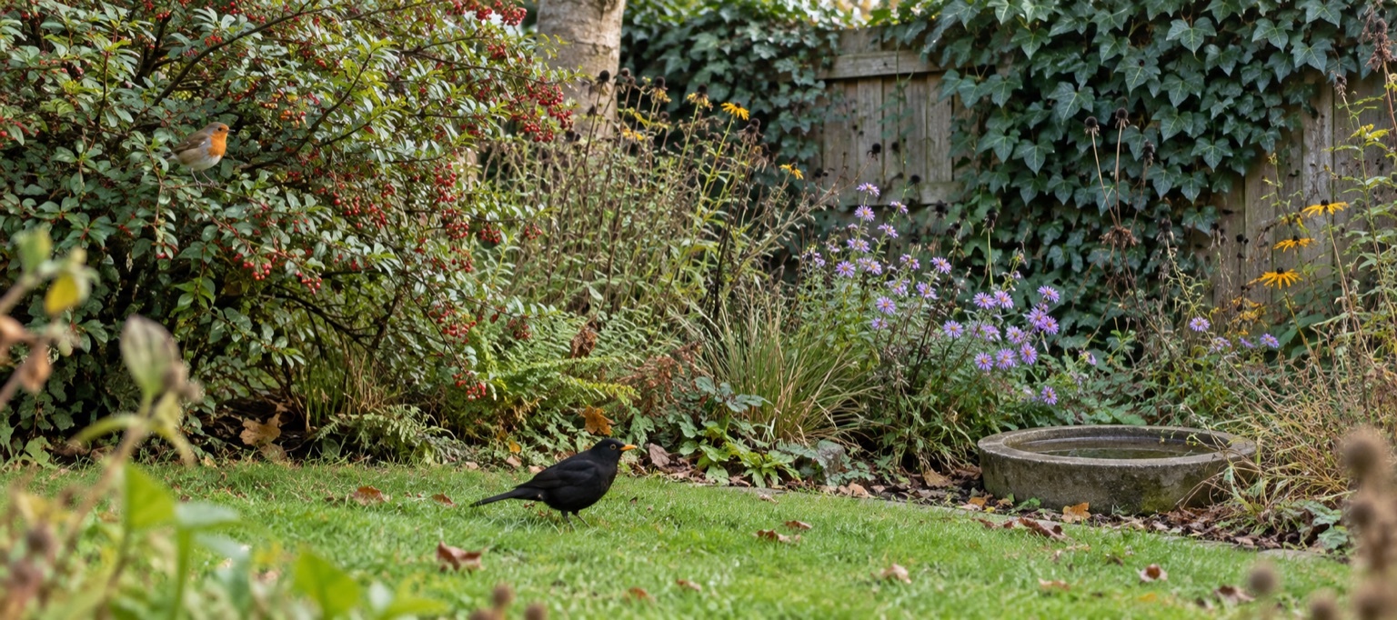 Illustrative bird-friendly British garden with plants, fruit and clean water