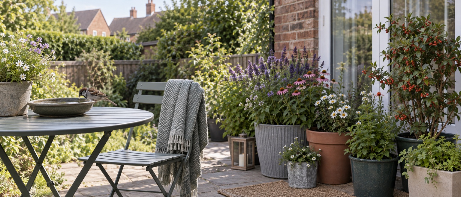 Illustrative rented patio with portable wildlife pots and a shallow water dish