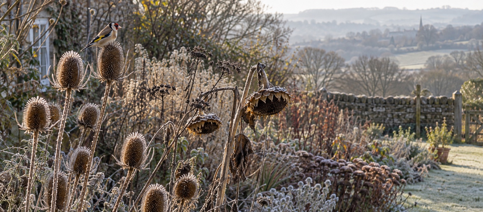 Illustrative goldfinch among standing winter seed heads in a UK garden