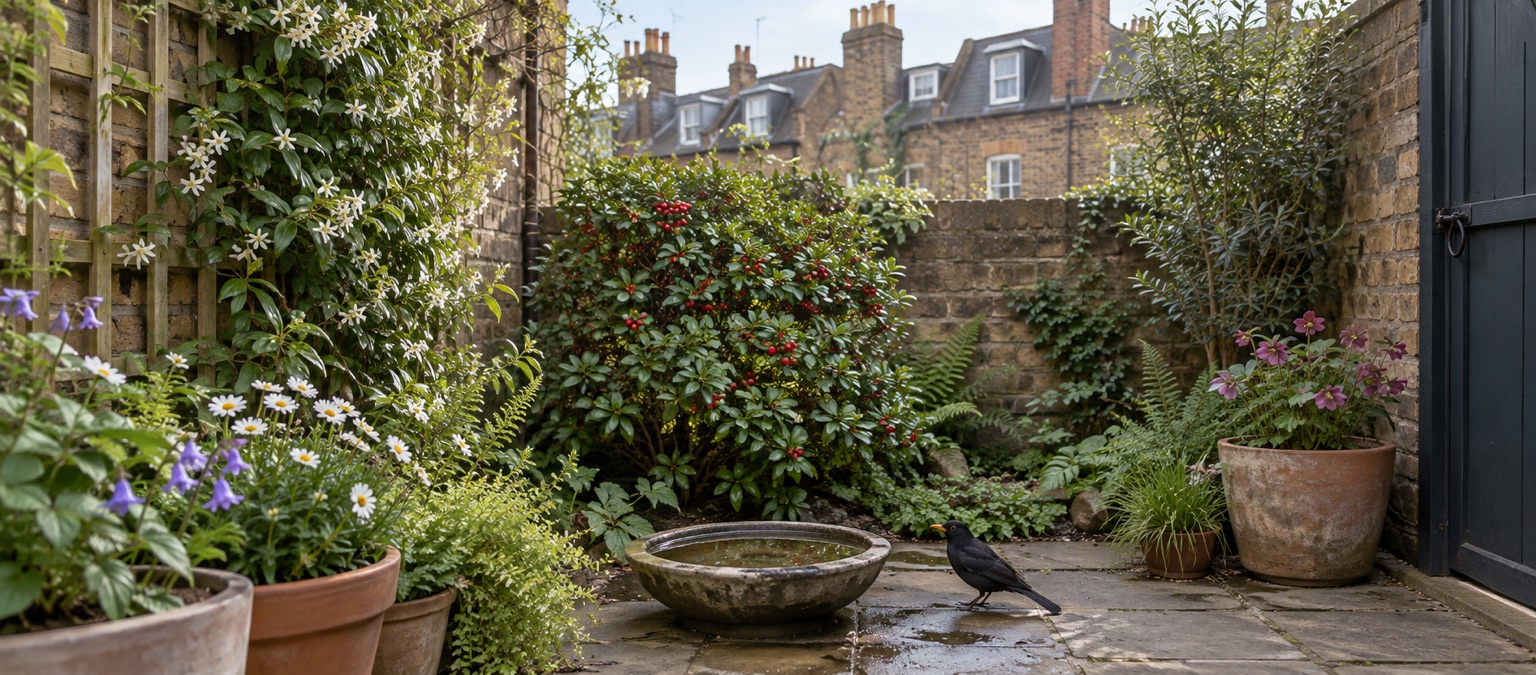 Illustrative compact British city garden with planting, clean water and a blackbird
