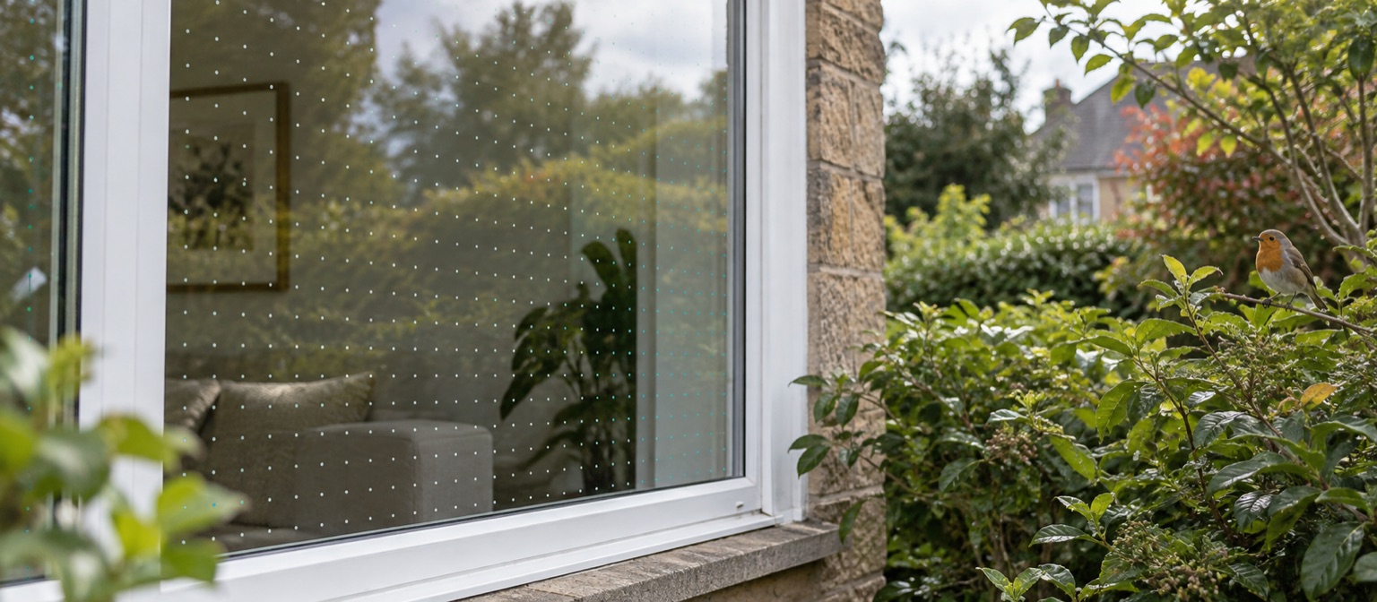 Illustrative garden-facing window with external safety dots across the glass