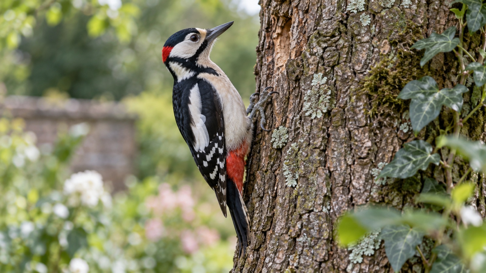 Illustrative male great spotted woodpecker clinging to a tree trunk in a British garden