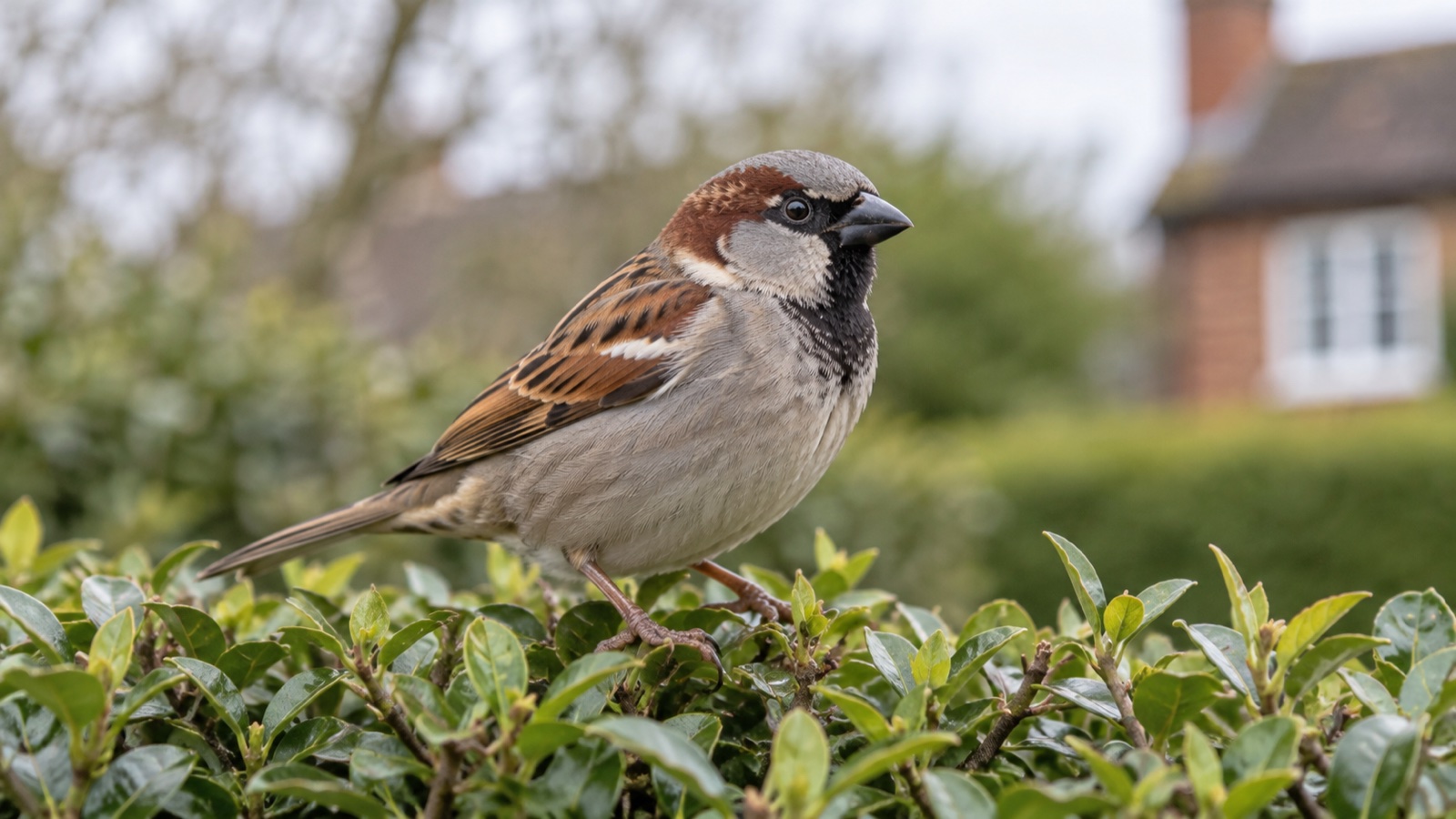 Illustrative image of a male house sparrow on a garden hedge