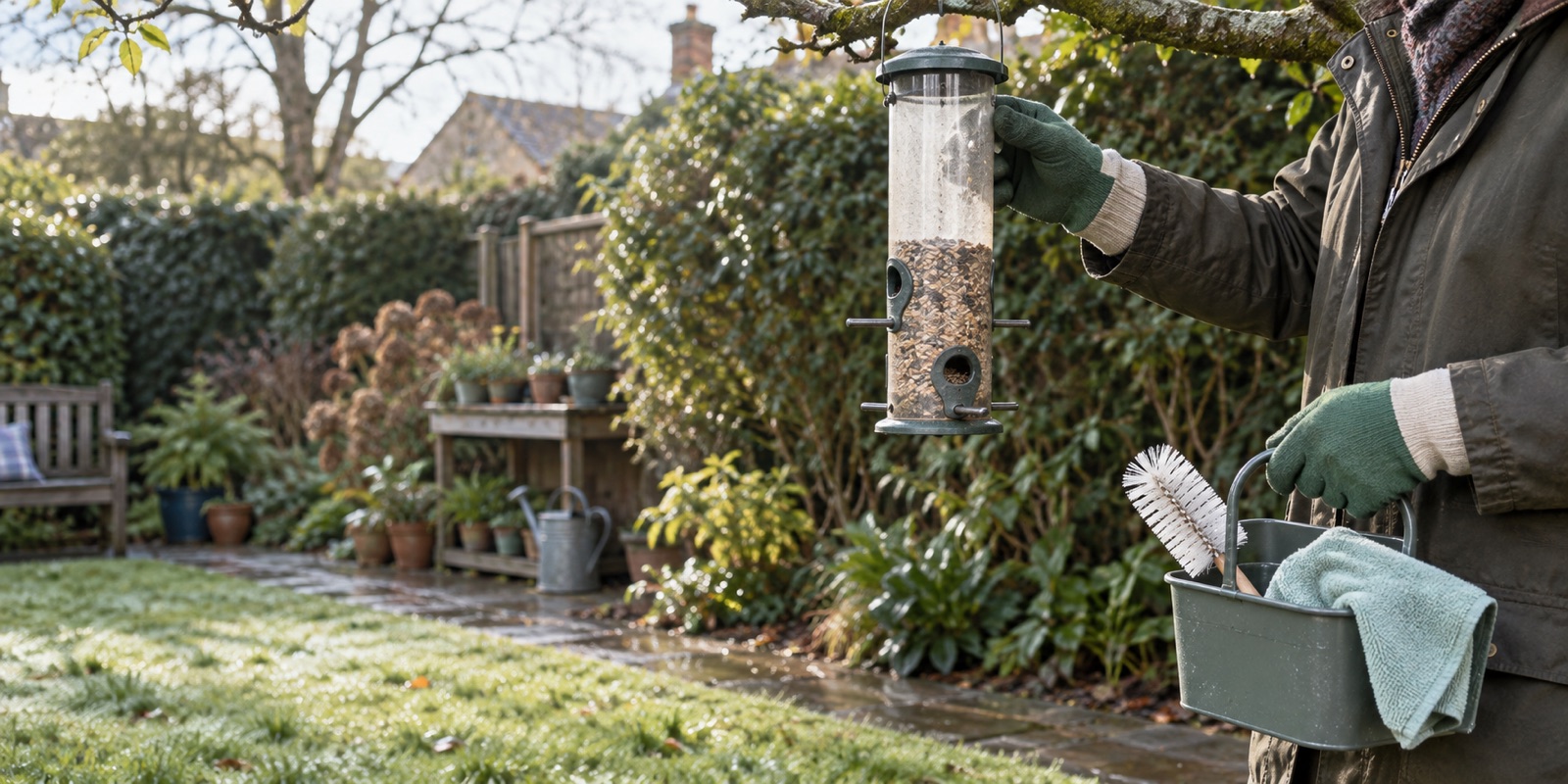 A clean tube feeder being inspected beside dedicated outdoor cleaning equipment