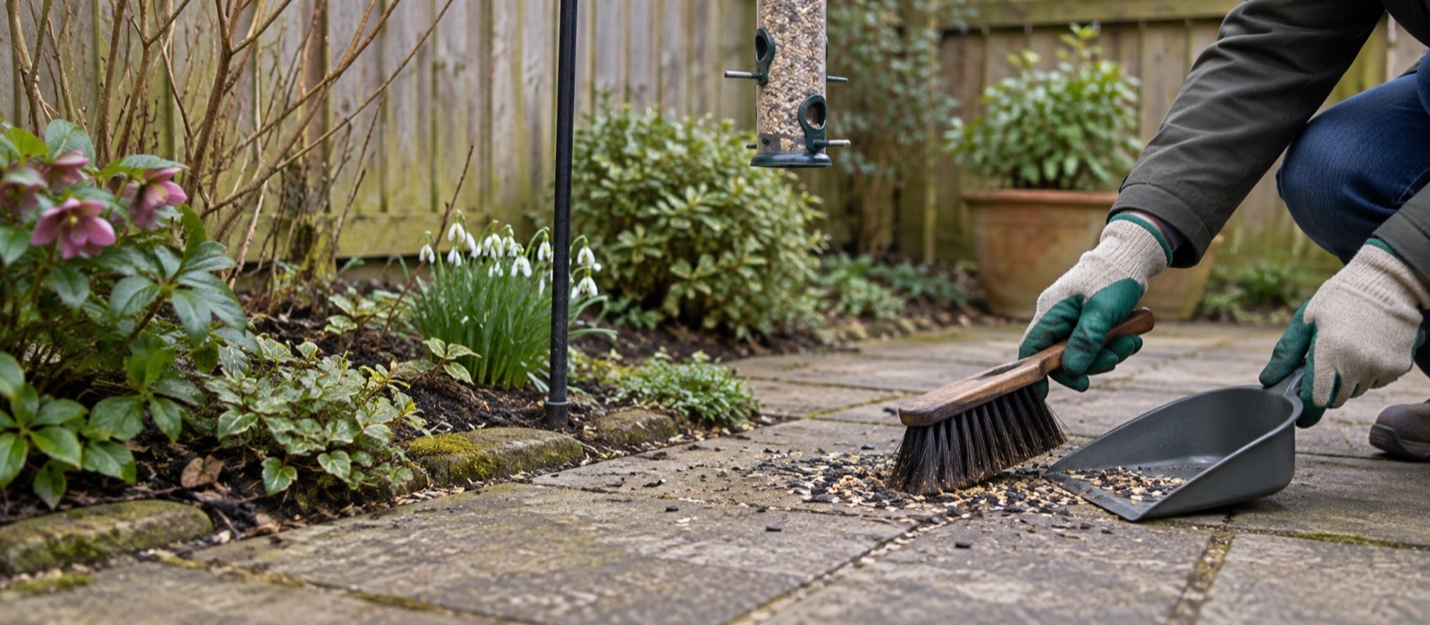 Gloved hands sweeping seed husks from paving beneath a hanging bird feeder in a British garden