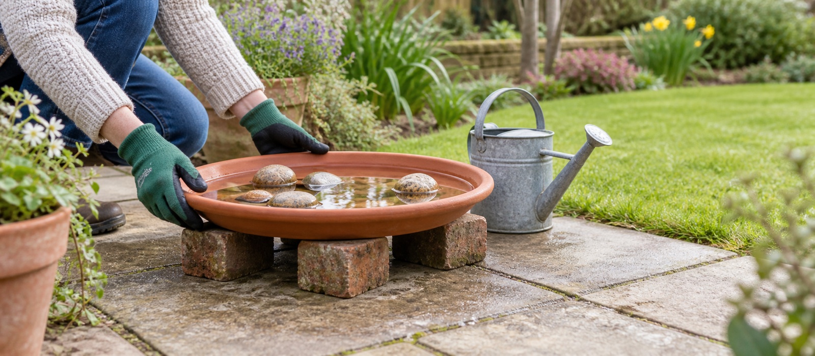 Gloved hands filling a terracotta saucer bird bath set securely on bricks