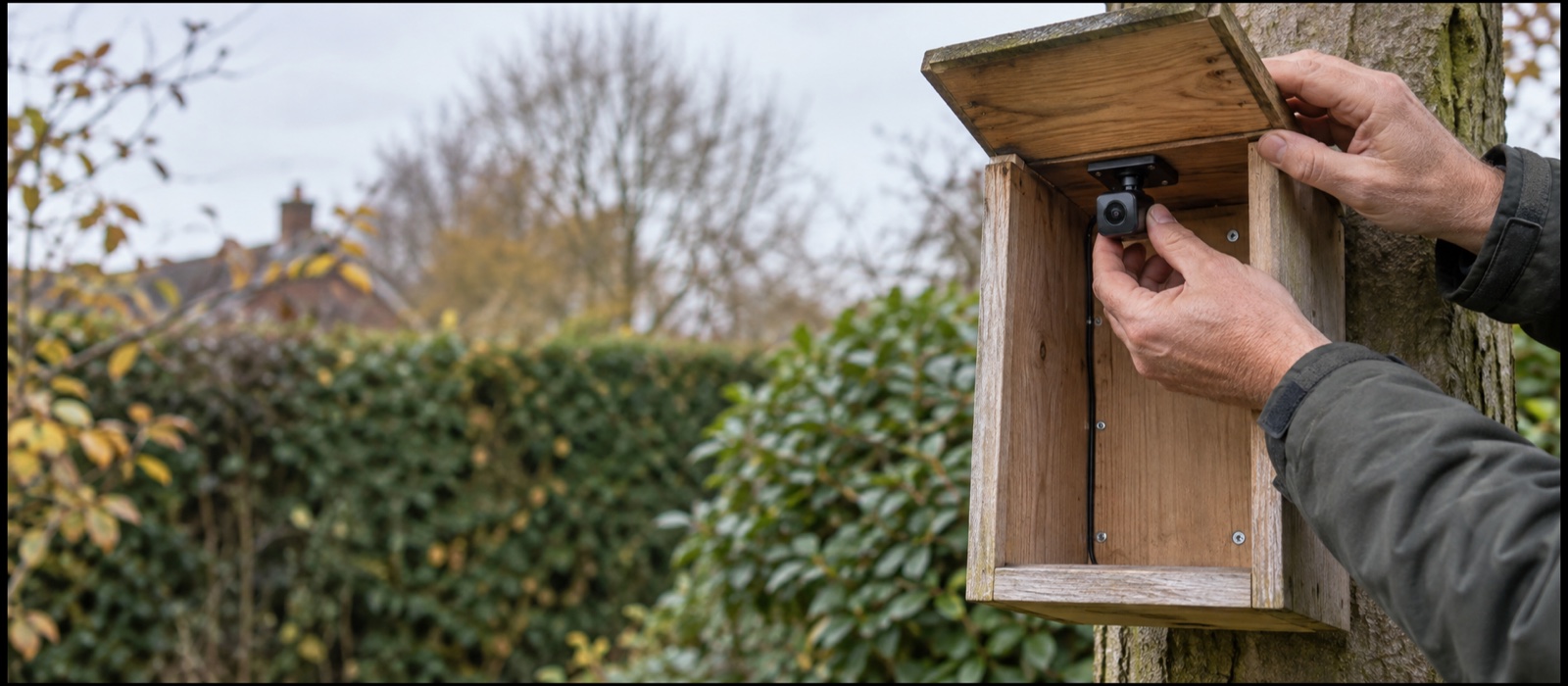 Hands fitting a compact camera inside a clean empty wooden bird box before nesting season