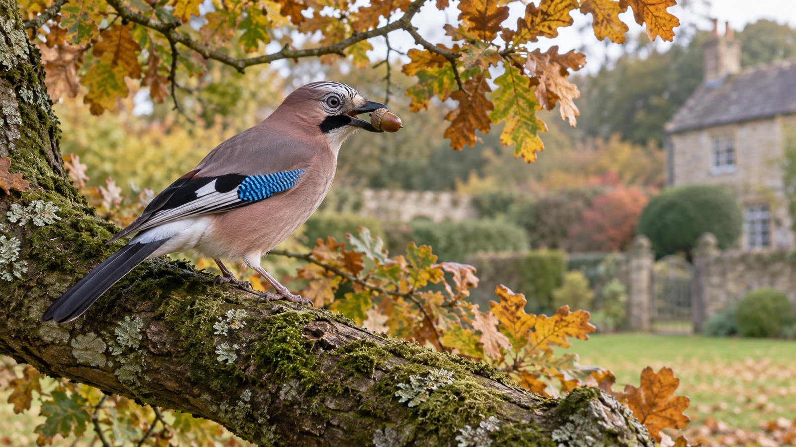Illustrative Eurasian jay showing blue barred wing patch with an acorn in a British oak tree