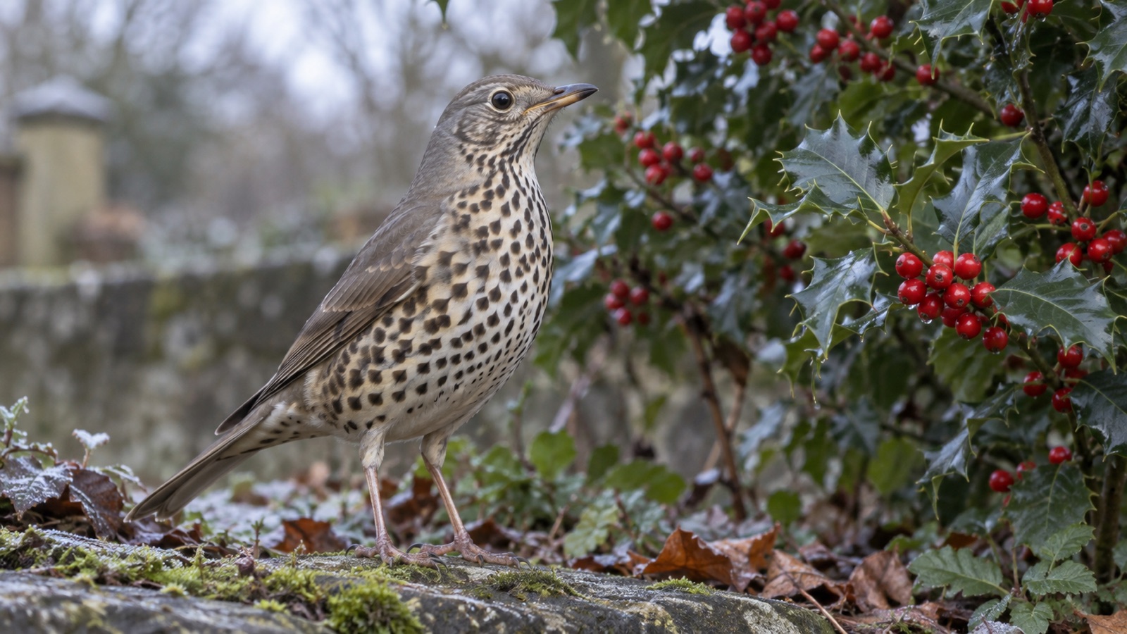 Illustrative mistle thrush beside a holly bush in a British garden