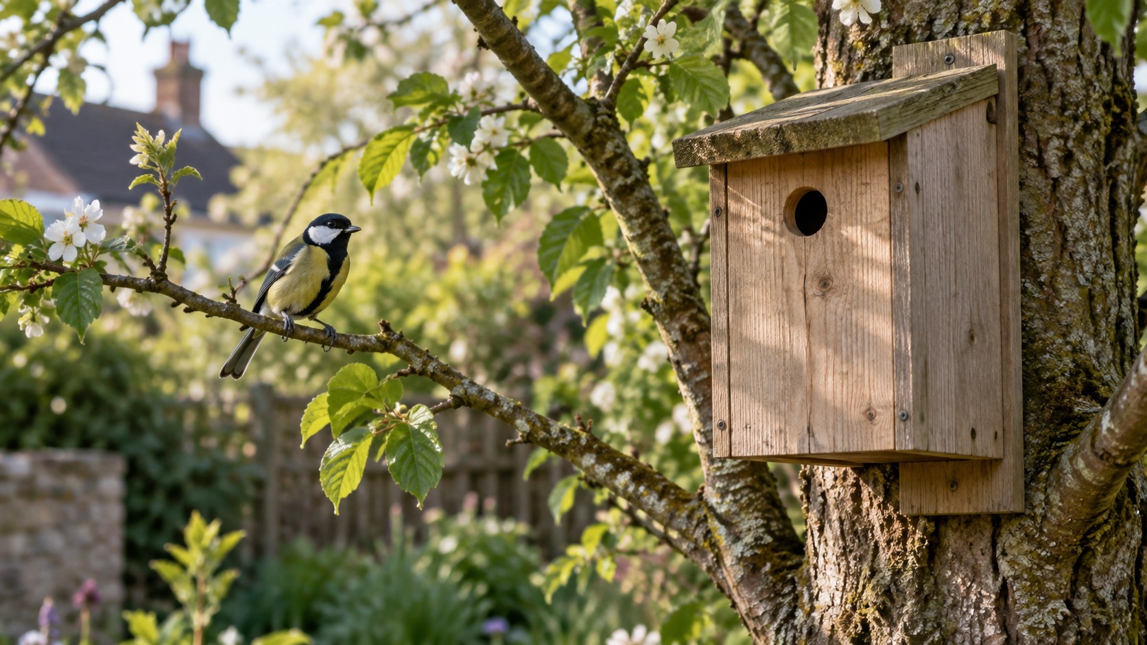 Illustrative great tit approaching a wooden nest box in a leafy British garden