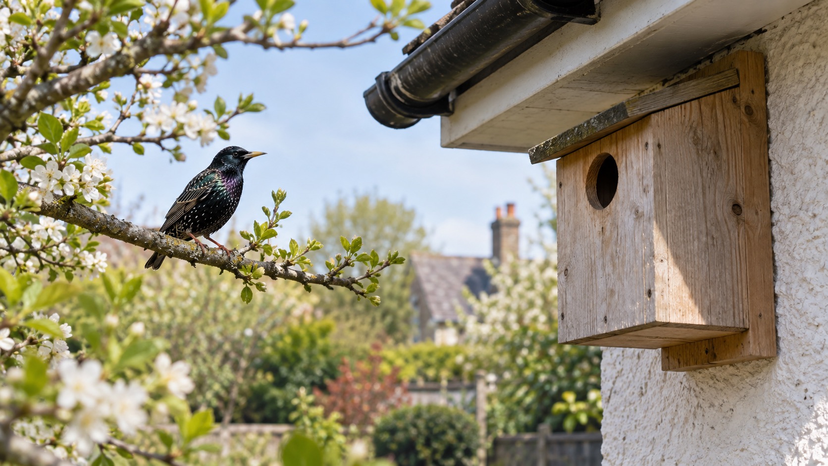 Illustrative starling approaching a substantial wooden nest box on a British garden wall
