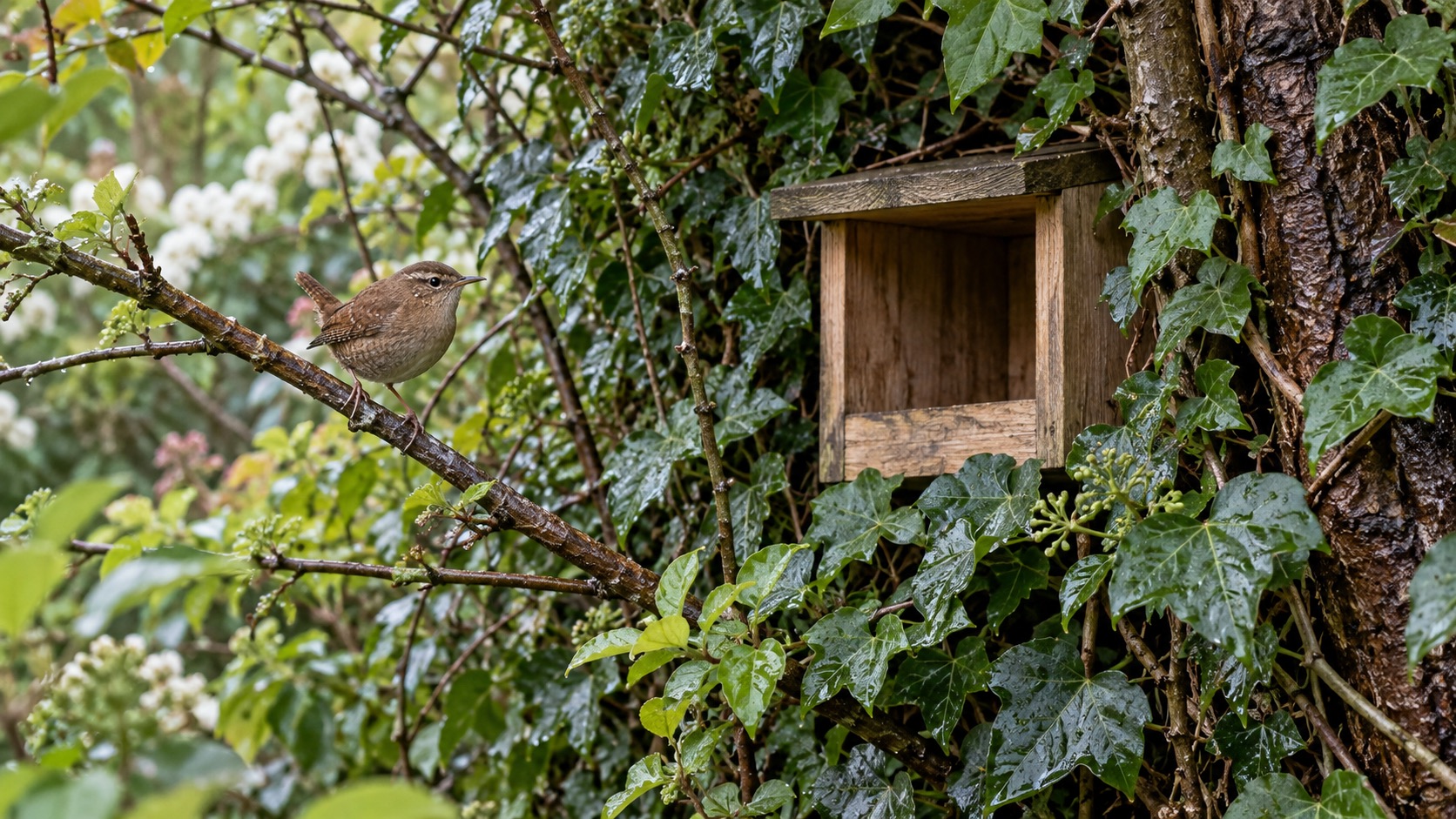Illustrative wren beside a deeply sheltered open-front wooden nest box
