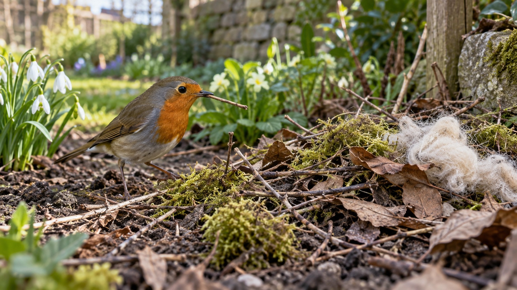 Illustrative natural dry grasses and moss available to nesting birds in a British garden