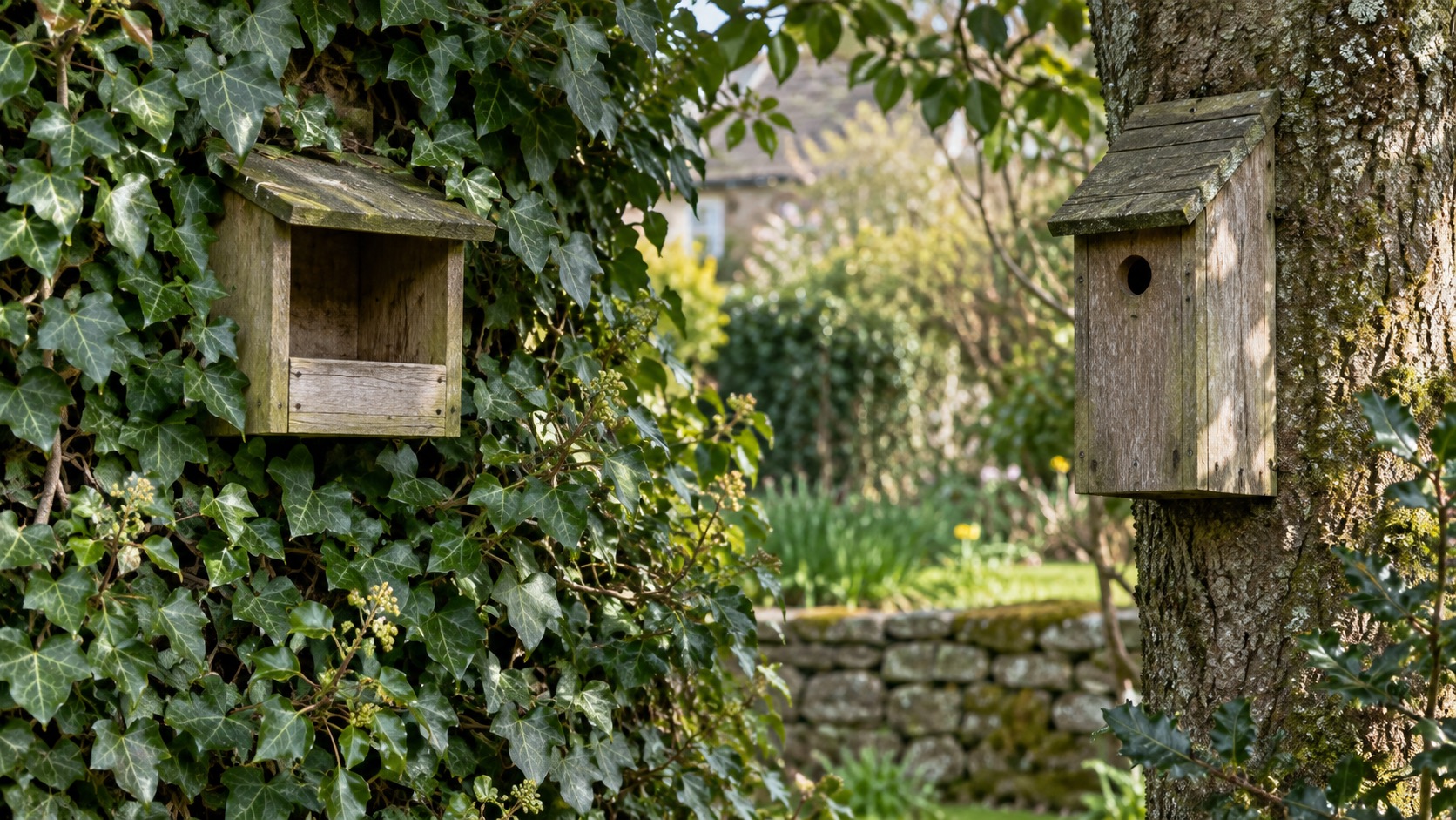 Illustrative comparison of an open-front wooden nest box and a round-hole wooden nest box