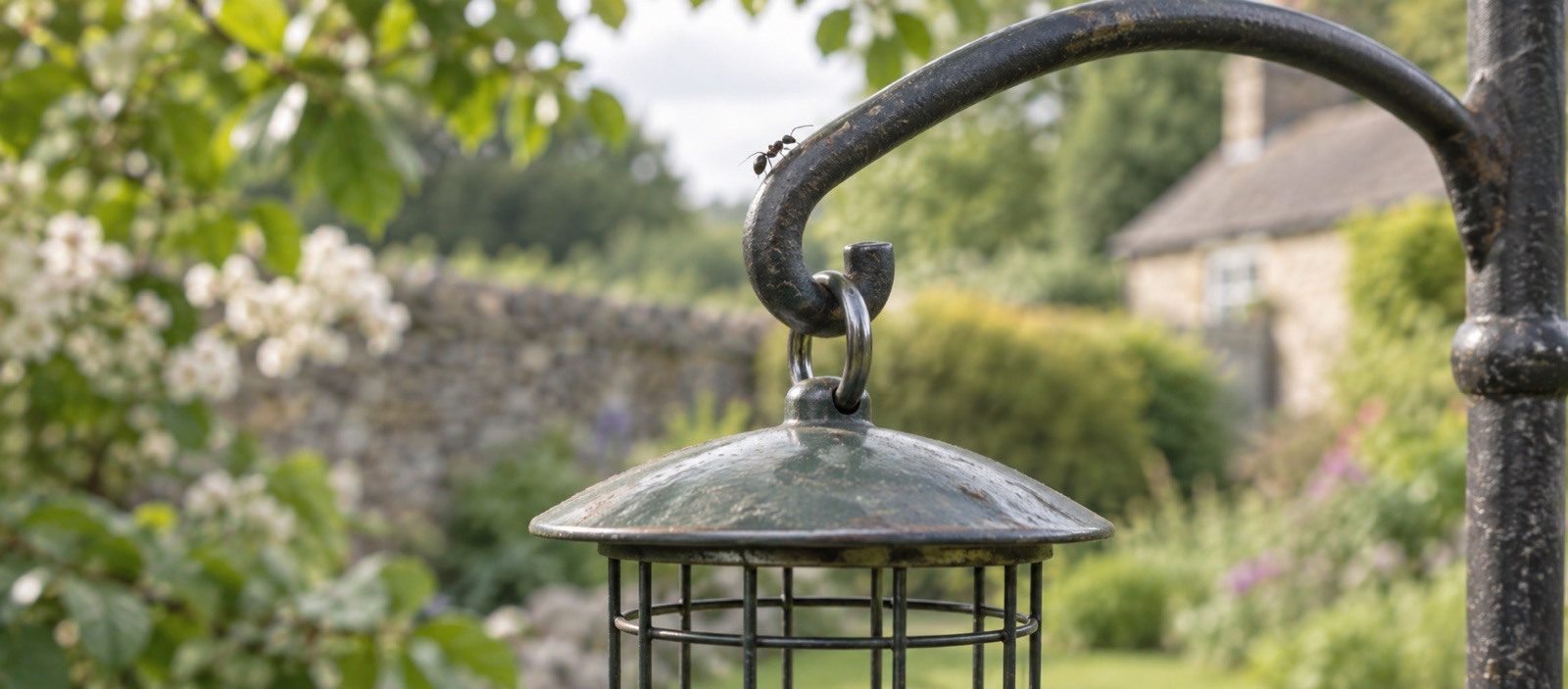Illustrative black garden ant on an external metal feeder hook