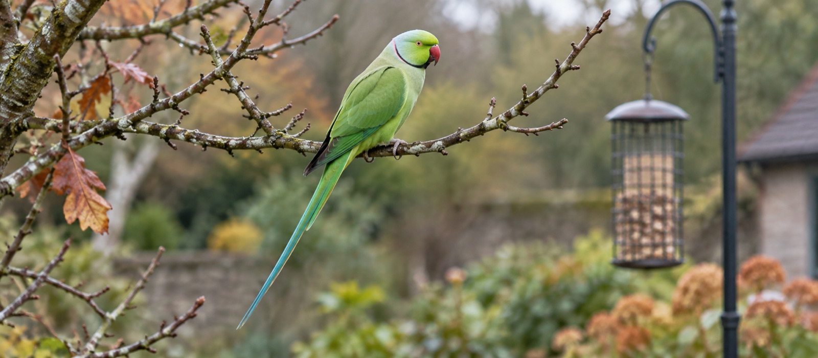 Illustrative male ring-necked parakeet on a branch near a guarded feeder