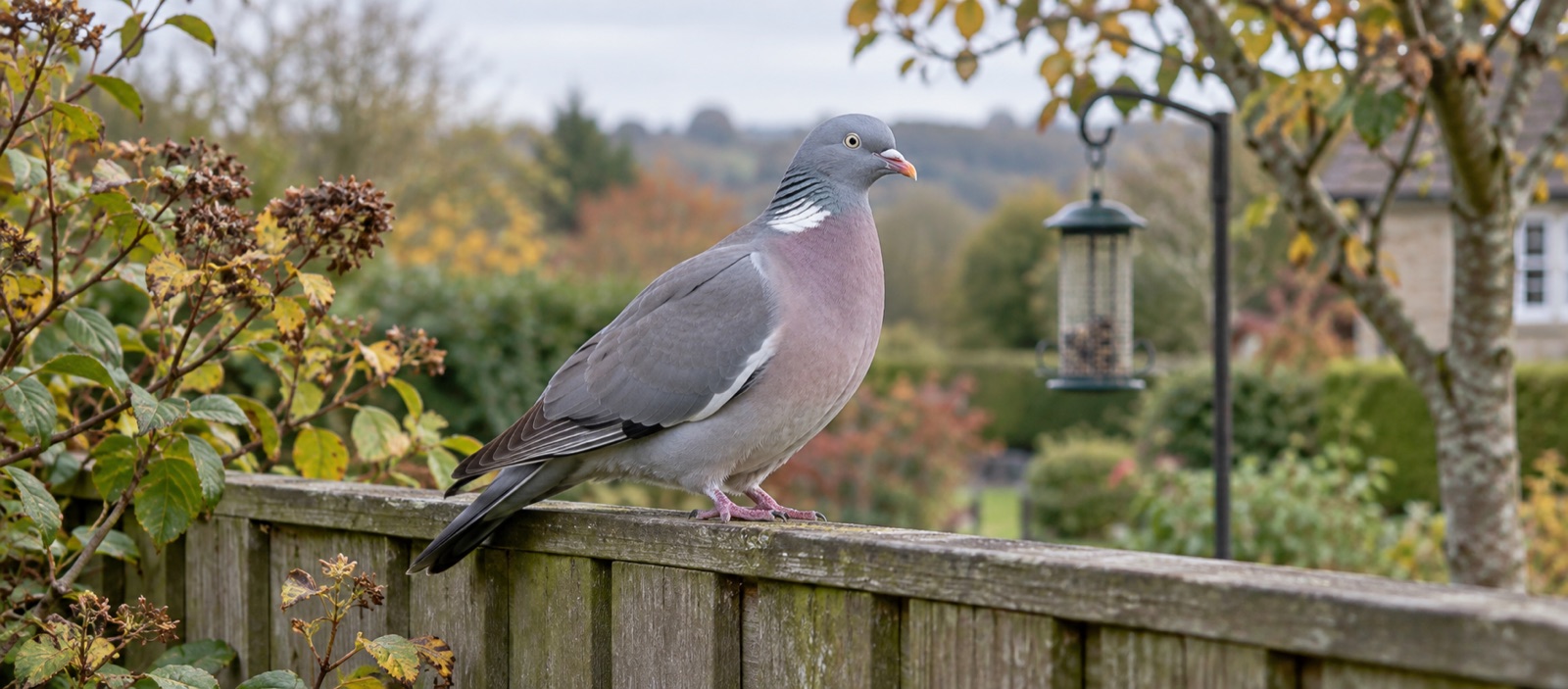 Illustrative woodpigeon perched on a fence near a hanging garden feeder
