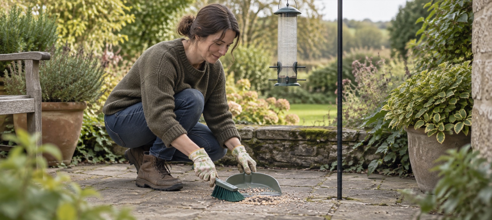 Illustrative gloved hands collecting spilled seed beneath an empty feeder