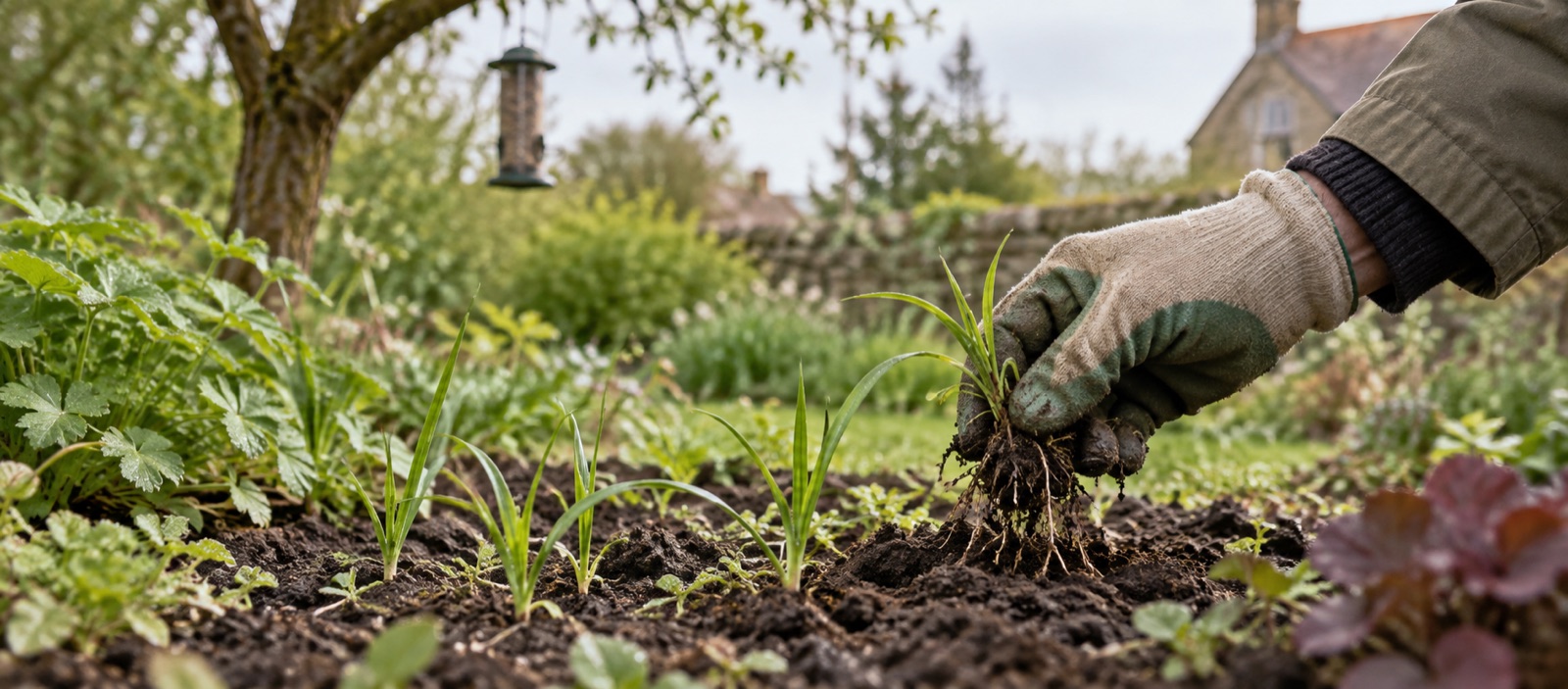 Illustrative gloved hand lifting small seedlings beneath a hanging feeder