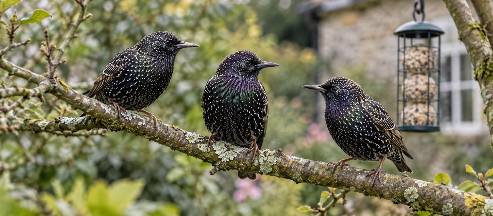 Illustrative winter-plumage starlings on a branch in a British garden