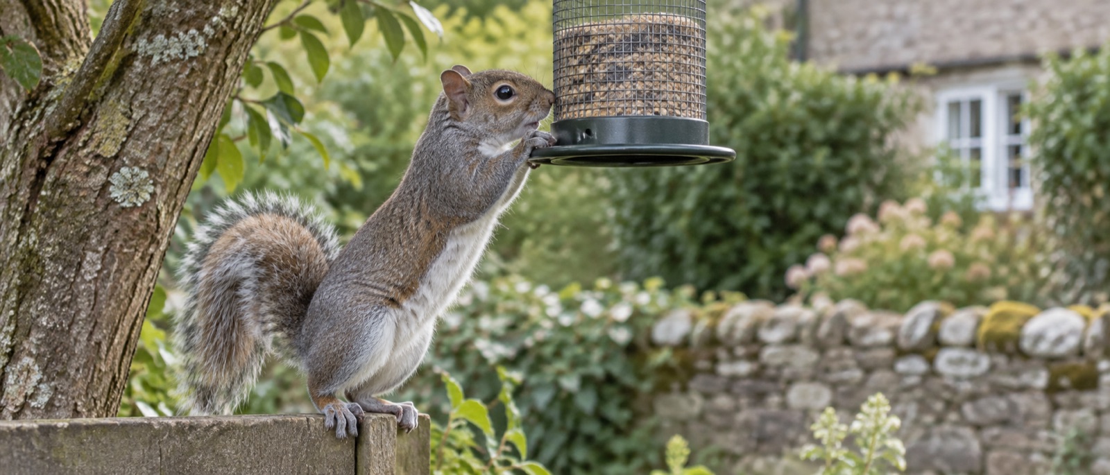 Illustrative grey squirrel inspecting a generic metal hanging feeder