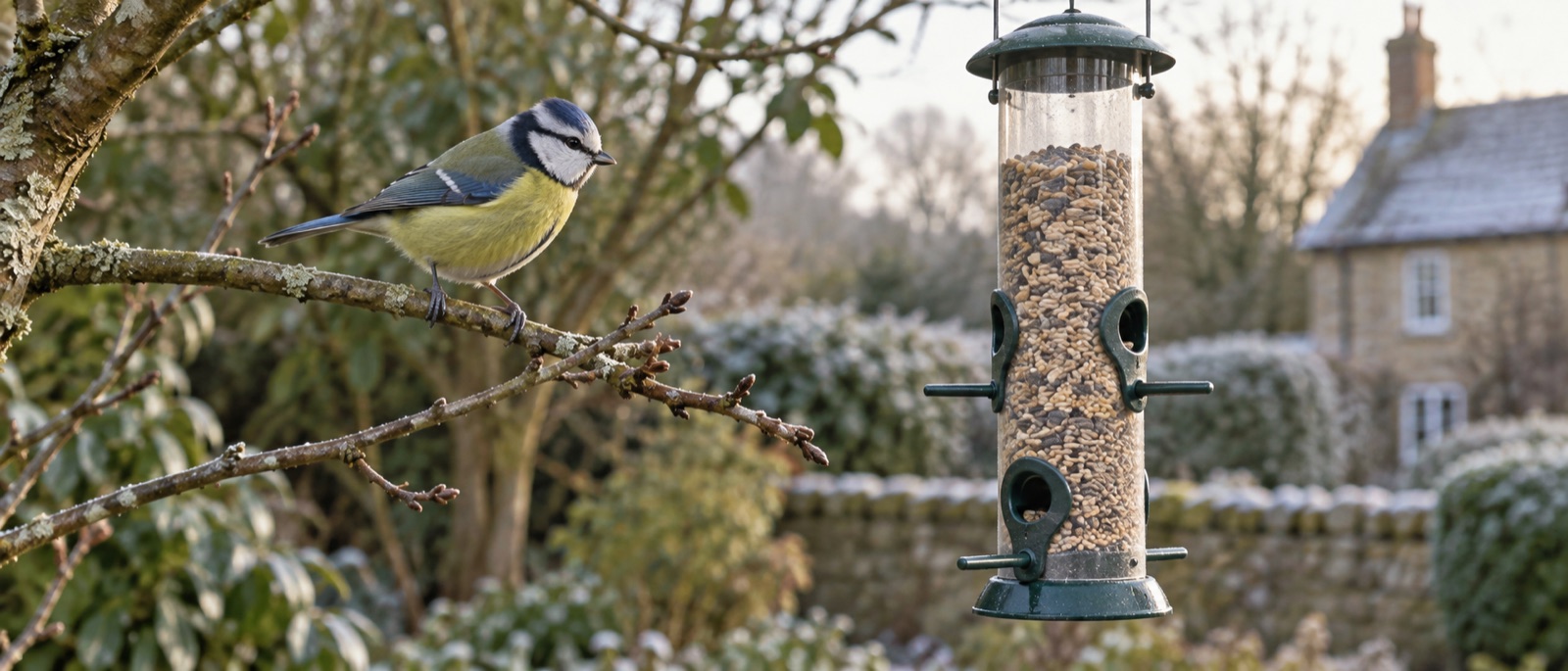 Illustrative blue tit looking towards a clean hanging feeder