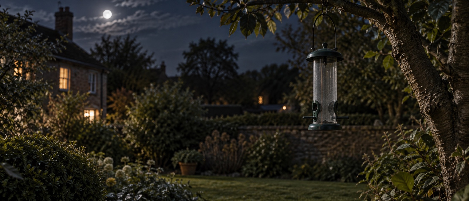 Illustrative empty hanging feeder in a British garden at night