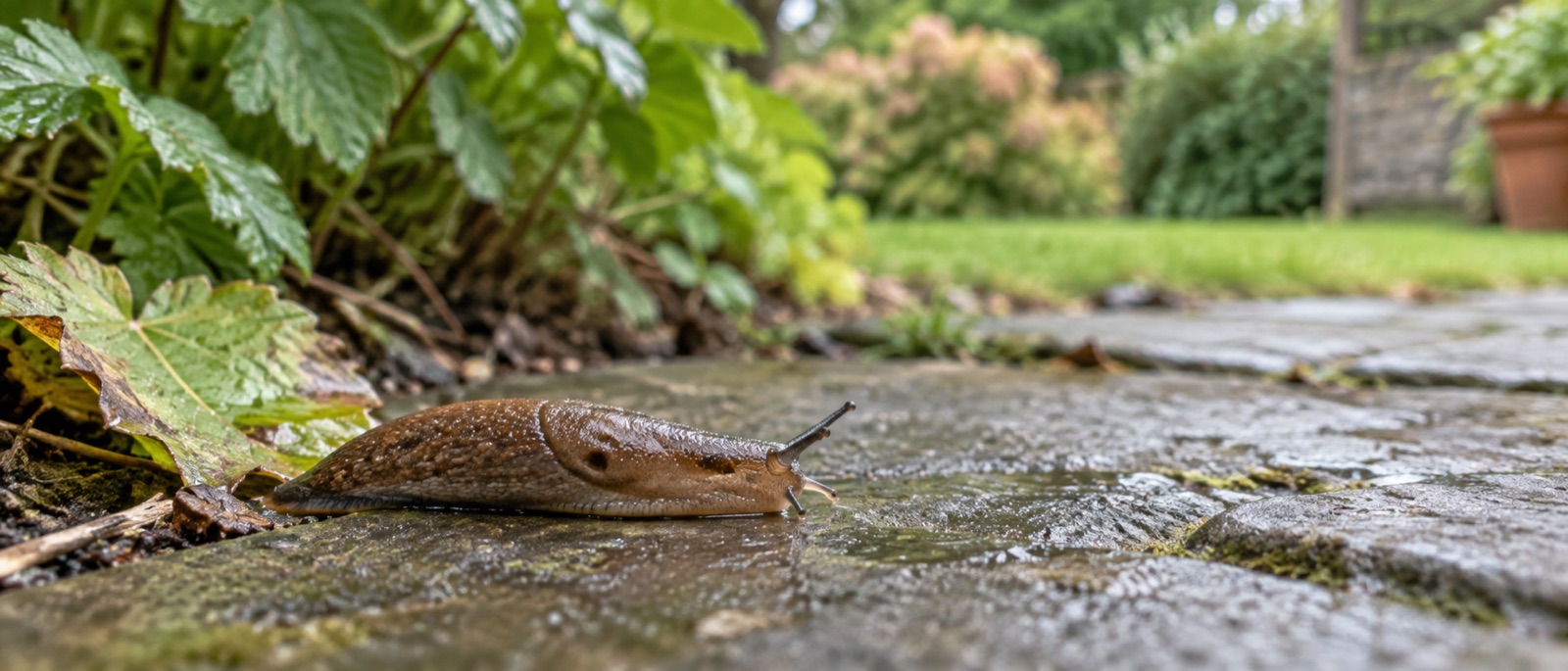 Illustrative garden slug on damp paving beside an autumn leaf