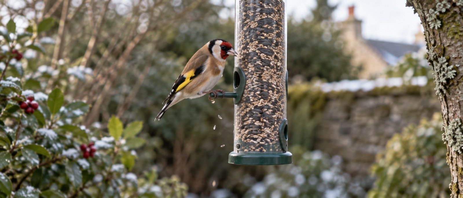 Illustrative goldfinch feeding at a hanging seed tube