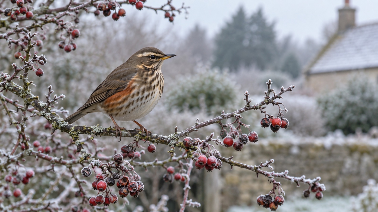 Illustrative redwing with pale eyebrow and reddish flanks among frosty garden berries