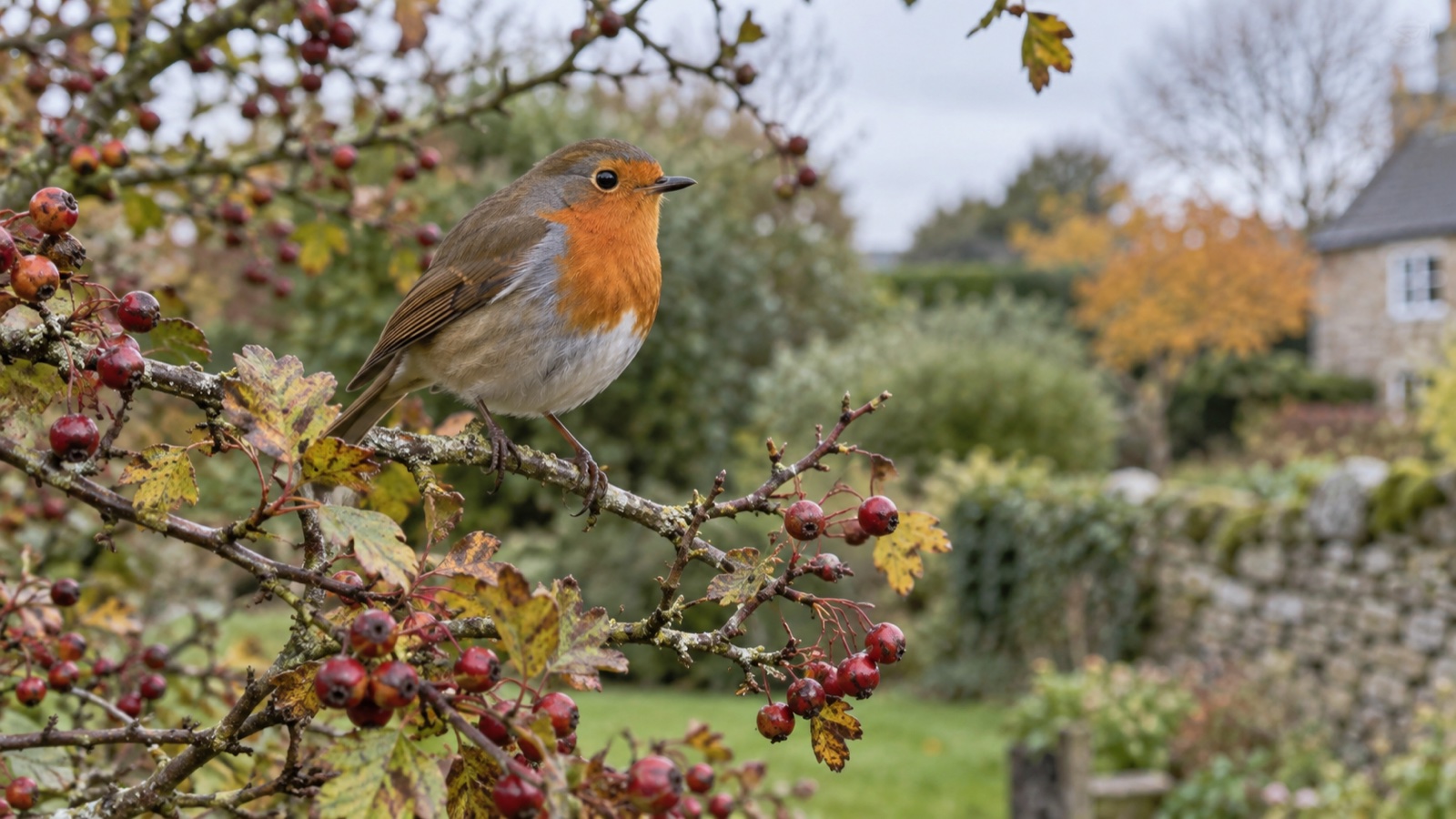Illustrative image of an adult robin on a hawthorn branch in a British garden
