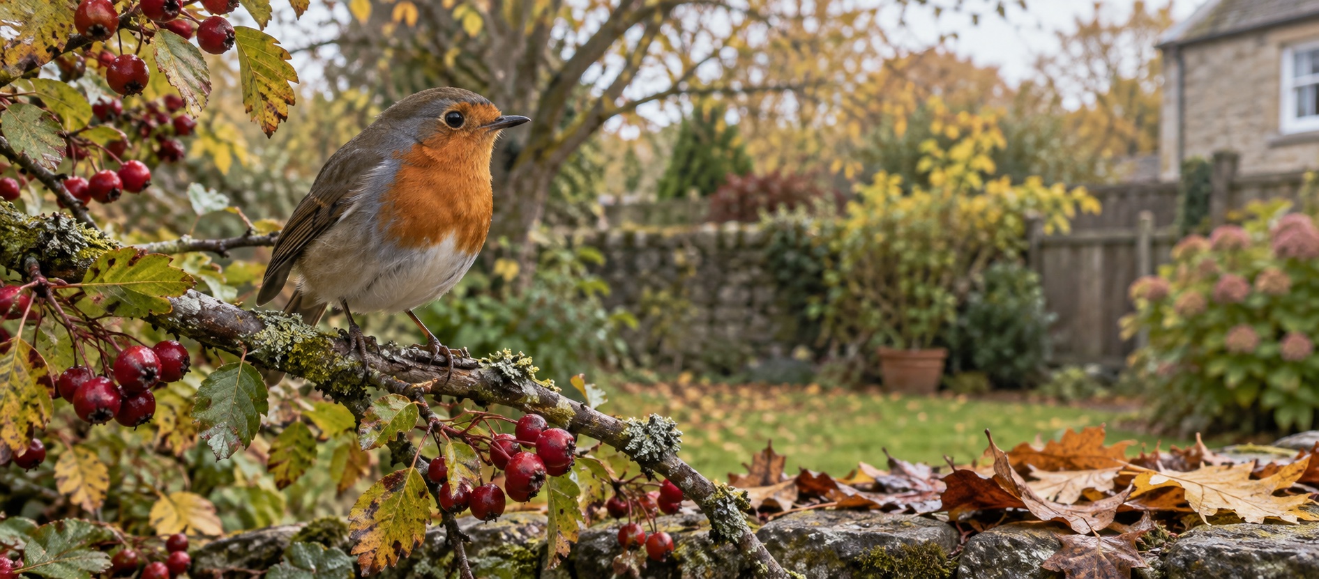 Illustrative robin among autumn hawthorn berries in a British garden