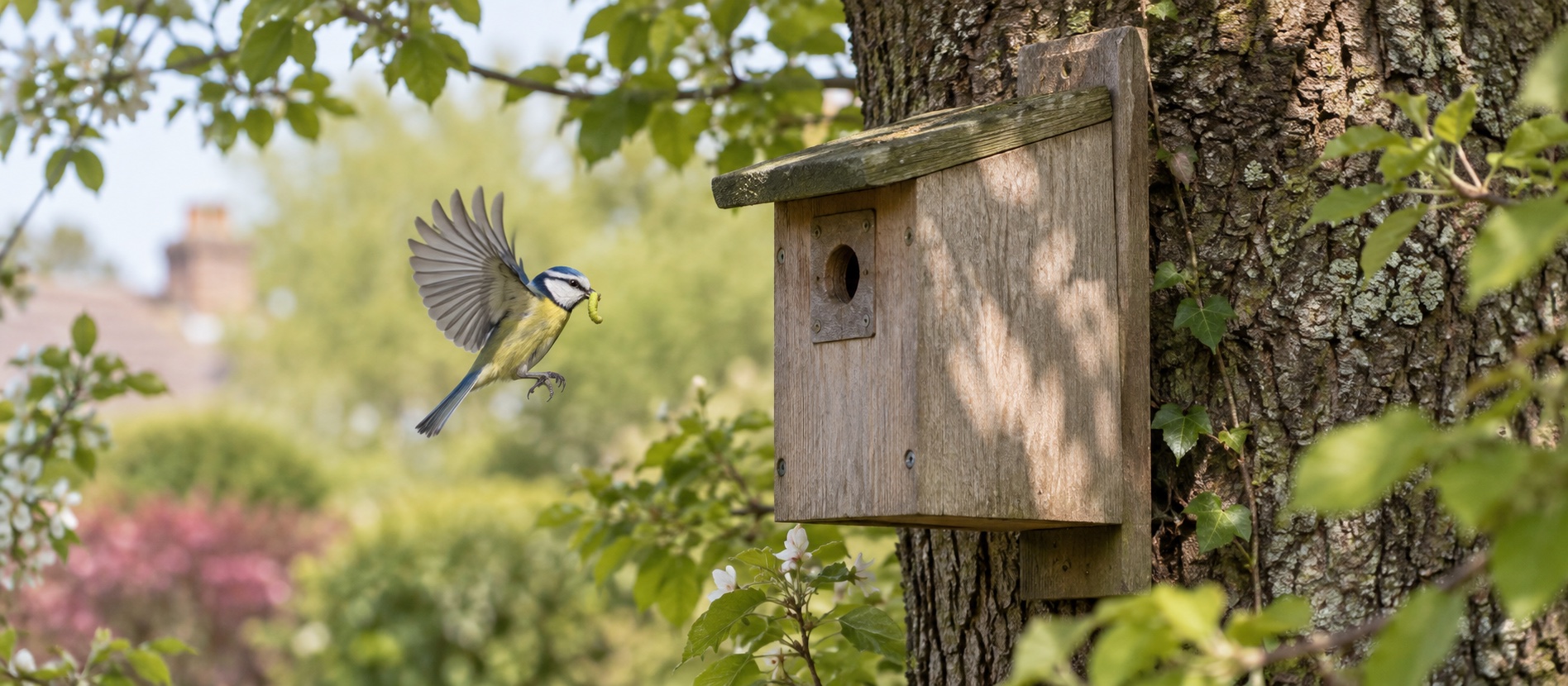 Illustrative blue tit carrying a caterpillar towards a nest box