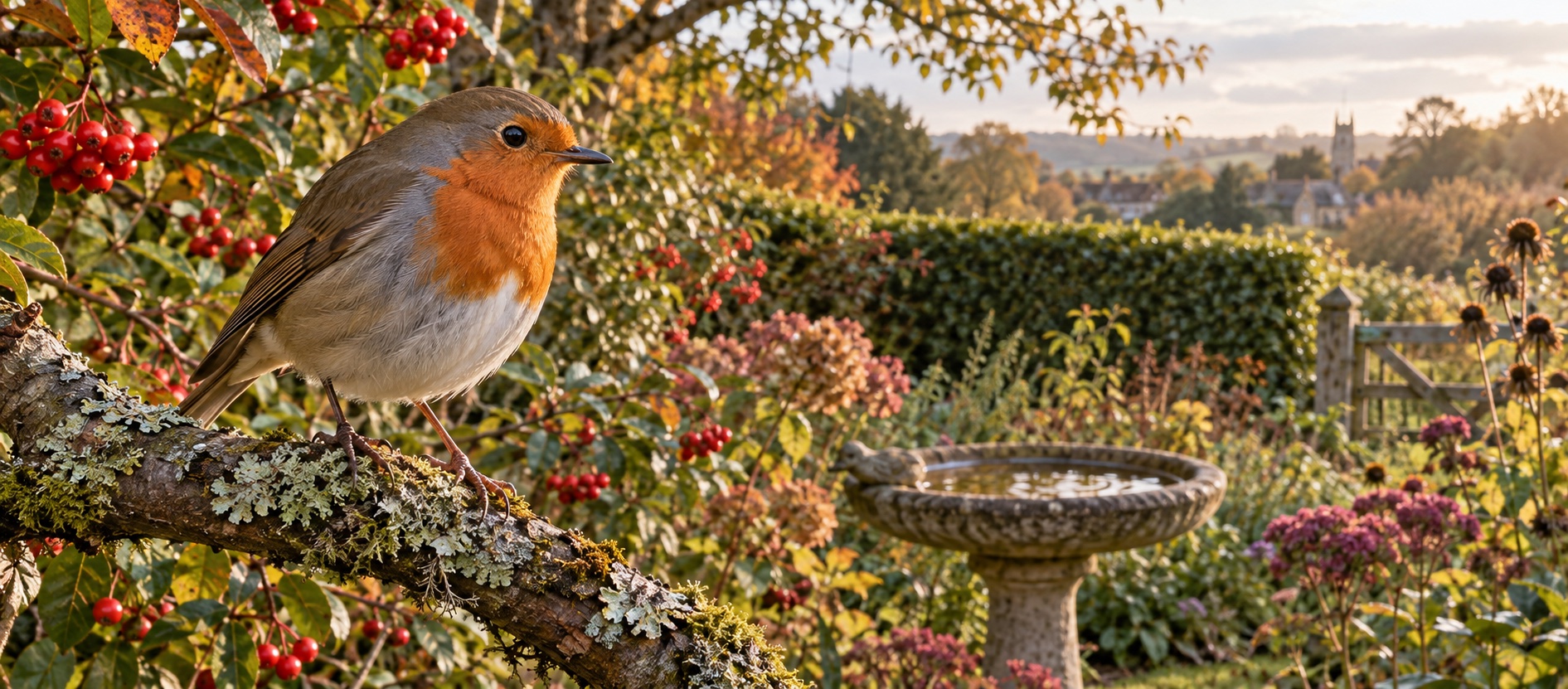 Illustrative robin in a British garden with berries and a bird bath