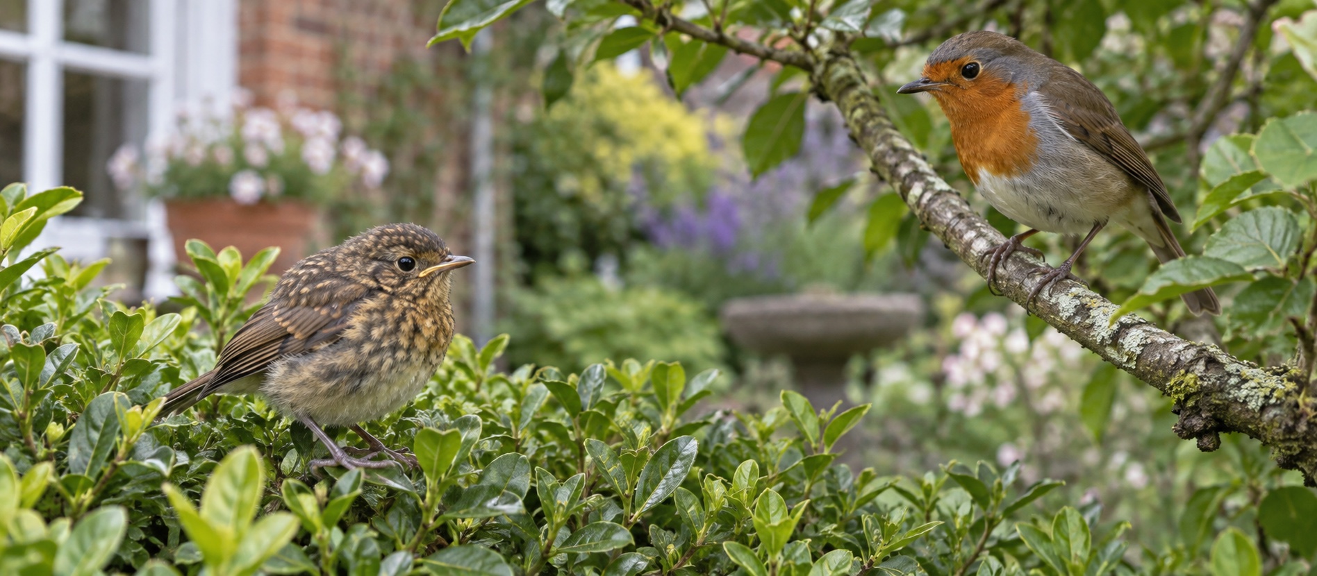 Illustrative fully feathered young robin in garden cover with an adult nearby
