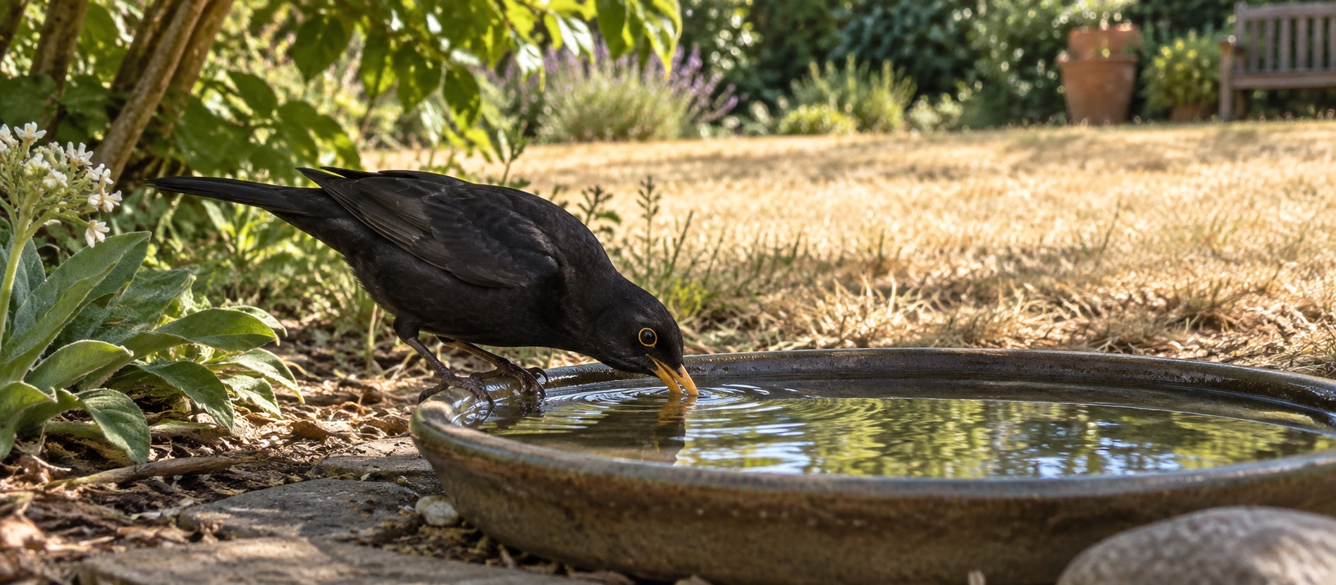 Illustrative blackbird drinking from shallow water in a shaded summer garden
