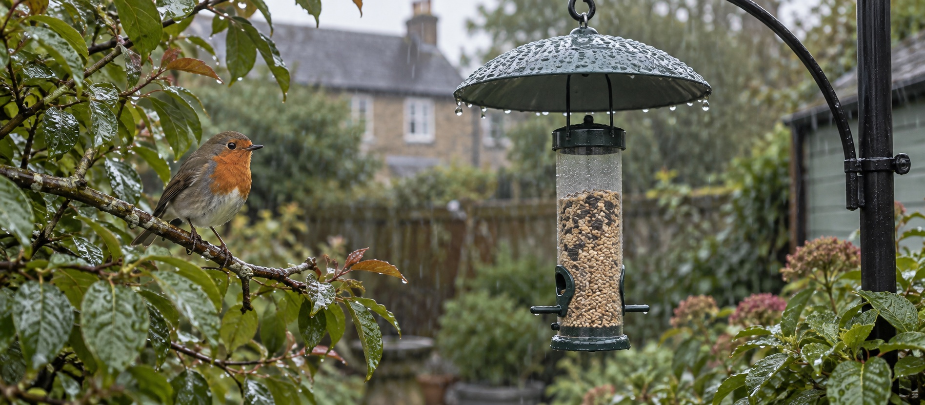 Illustrative contained feeder below a rain guard in a wet British garden