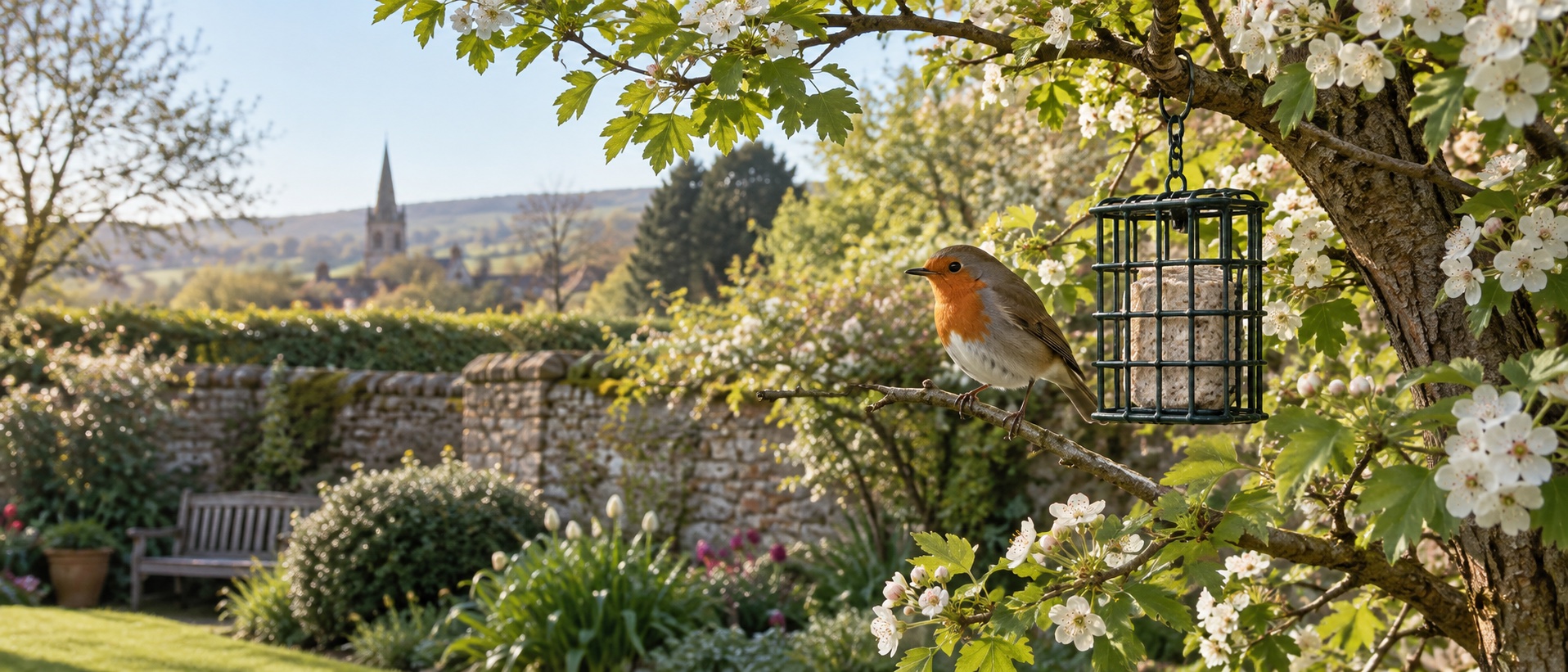 Illustrative robin beside a contained suet holder in a flowering spring garden