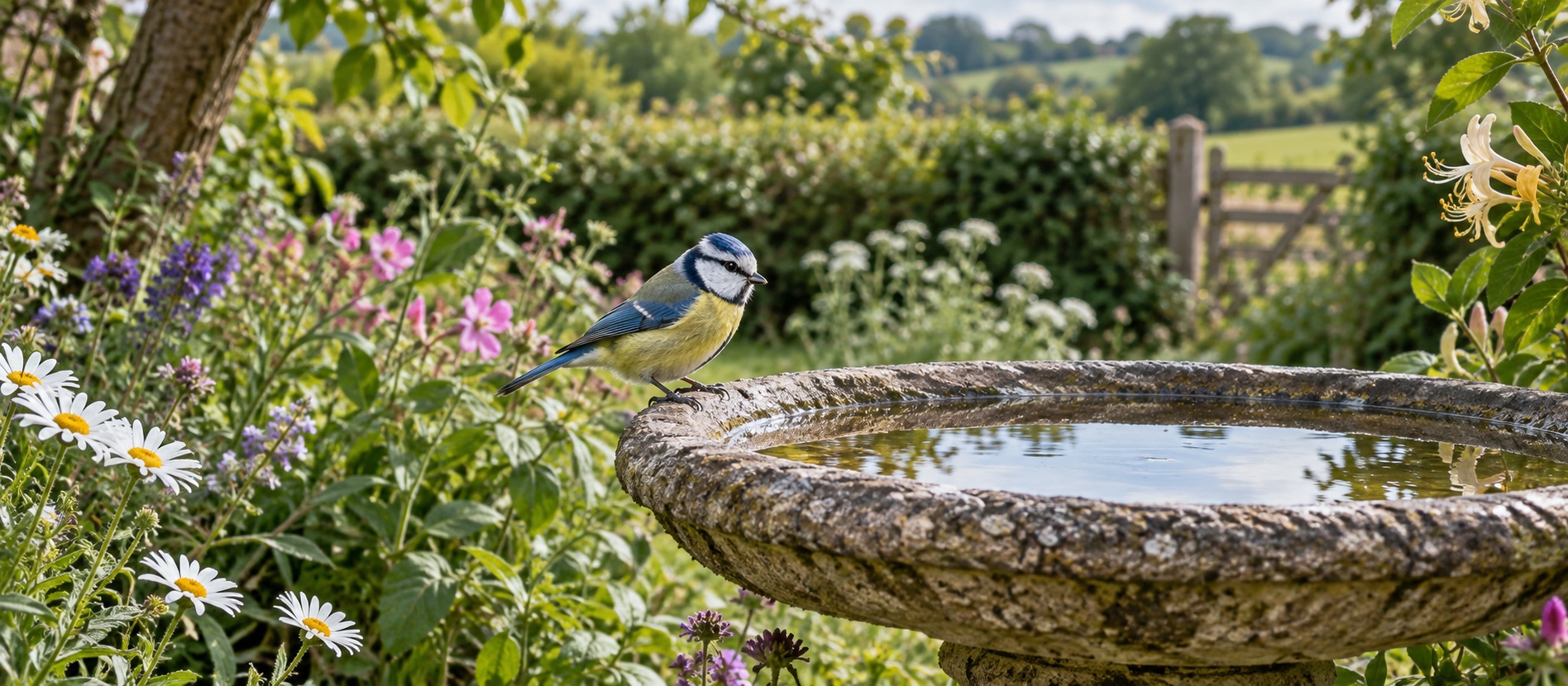 Illustrative blue tit beside a shallow bird bath in a summer garden
