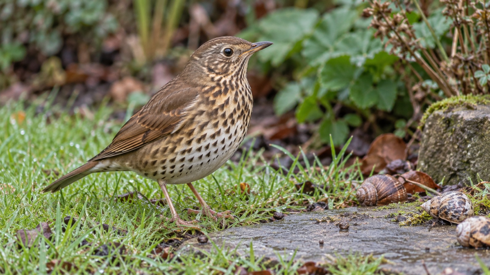 Illustrative song thrush on a British garden lawn near a snail anvil