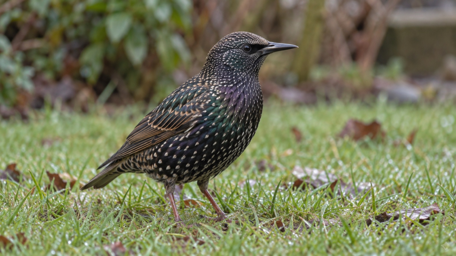 Illustrative image of a spotted winter starling on a British garden lawn