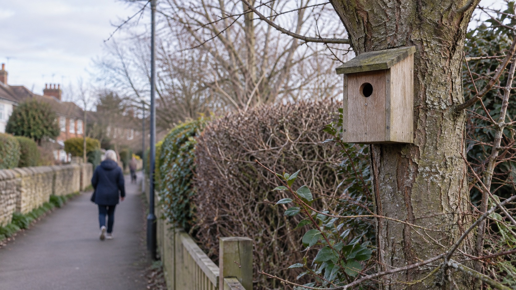 Illustrative empty wooden nest box in a quiet British garden with surrounding cover